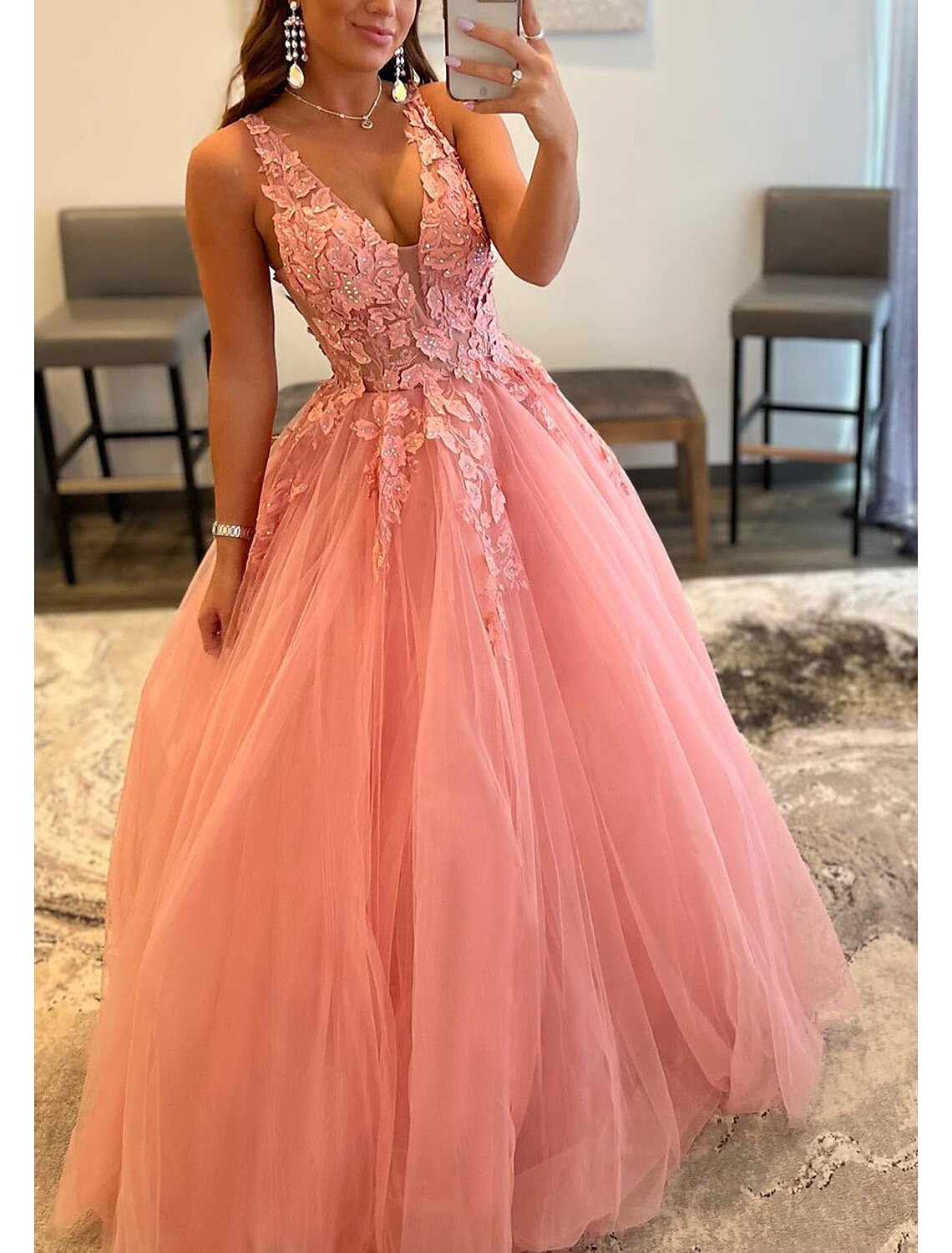 Vestidos de fiesta de corte A con espalda abierta, vestido formal para invitados de boda, largo hasta el suelo, sin mangas, cuello en V, tul, espalda descubierta, con pliegues y apliques de cuentas.